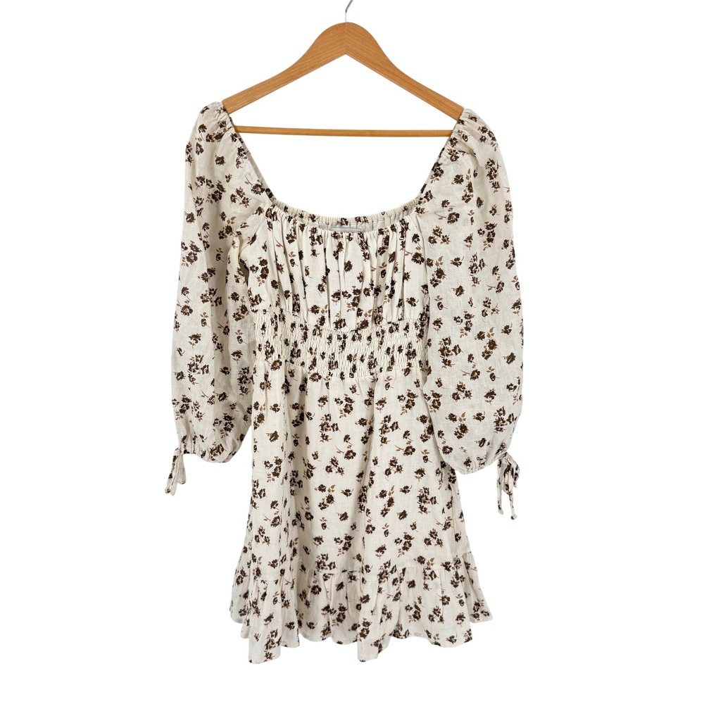 Faithfull The Brand Floral Mini Dress Cream Brown 6 Linen Smocked Puff Sleeve